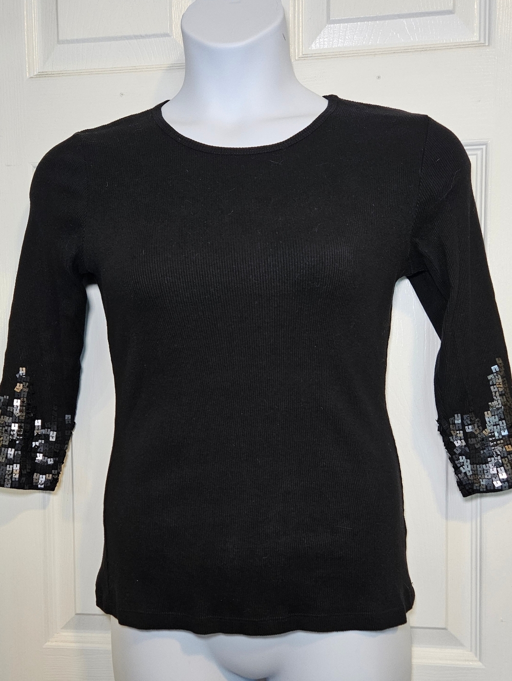 Coldwater Creek Black Ribbed Long-Sleeve Top with Sequins